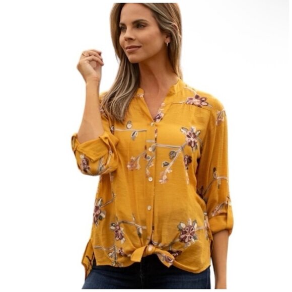 Anthropologie Figuera Flower Gold Floral Embroidered Roll Tab Top Shirt Blouse S - Picture 1 of 10